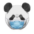 Portrait of Panda with face mask. Hand-drawn illustration.