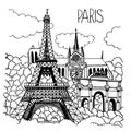 Hand drawn illustration of Paris landmarks.