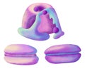 Hand drawn illustration of pastel sweet dessert pastry candy macaroon cupcake. Purple pink holographic dreamy tasty