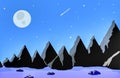 Hand Drawn Illustration Of Peaceful Night With Moon And Stars. And River With Mountains.