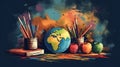 Drawn illustration with pencils, apples and globe, generative AI. Royalty Free Stock Photo