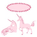 Hand drawn illustration of pink unicorn. Oval frame. Pastel mythological horse creature n cartoon girly style for kids