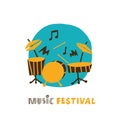 Hand drawn illustration of plaing drum kit. Music festival comcept. Vector.