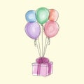 Drawing of a present with balloons and a bow