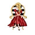 Hand drawn Illustration - pretty Blonde Girl Sitting on chair wearing red dress Royalty Free Stock Photo