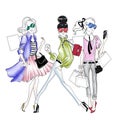 Hand drawn Illustration - Pretty fashion girls doing shopping