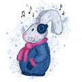 hand drawn illustration of rabbit hare bunny. Winter new year christmas cartoon of character listening to music tunes Royalty Free Stock Photo