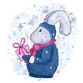 Hand drawn illustration of rabbit hare bunny. Winter new year christmas cartoon of pink present gift box. Funny