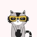 Colorful background with happy raccoon in glasses. Decorative cute backdrop with animal