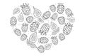 Hand drawn illustration raspberries berries black outline in the shape of a heart. Doodle style. Isolated object on white