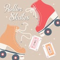 Hand drawn illustration with retro roller skates and cassette tapes. Colorful vector