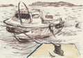 An hand drawn illustration, scanned picture - summer time - the boat