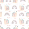 Hand drawn illustration and seamless pattern with cute snails and rainbow. Royalty Free Stock Photo