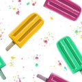 Hand drawn illustration seamless pattern repeated summer popsicle ice cream yellow pink mint green confetti colorful repeated