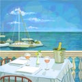 Hand drawn illustration with served restaurant table for two against seascape Royalty Free Stock Photo