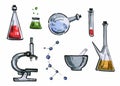 Hand drawn illustration set of cartoon chemical tools