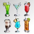 Hand drawn illustration of set of cocktails