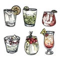 Hand drawn illustration of set of cocktails. Royalty Free Stock Photo
