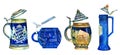 Hand drawn illustration set of four traditional different bavarian beer ceramic mugs with caps Royalty Free Stock Photo
