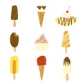 Hand drawn illustration of set of various types of ice cream including frozen yogurt, gelato, soft serve, waffle cones Royalty Free Stock Photo