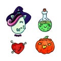 Hand drawn illustration set of witch unicorn, red heart pierced with pins, bottle with potion and jack o lantern pumpkin. Clipart