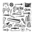 Vintage Sewing Machine and Hand Drawn Tools Illustration Royalty Free Stock Photo
