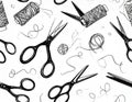 Hand-drawn illustration of sewing tools including scissors and thread spools Royalty Free Stock Photo