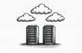 Hand drawn illustration shows server racks and clouds. Digital information storage and network infrastructure concept. Computer Royalty Free Stock Photo