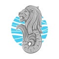 Hand drawn illustration of Singapore symbol lion with fish tail.