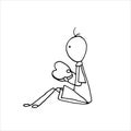 Hand drawn illustration of sitting boy with heart holding in hands. Simple vector illustration in doodle