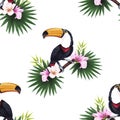 Sealess pattern with hand-drawn illustration of a sitting on a branch rainbow toucan, hibiscus, palm tree, rose and