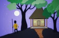 A Small Guesthouse With Security Guard. On Moon Light Background.