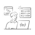 Hand drawn illustration of a software developer working on a laptop. Royalty Free Stock Photo