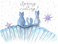 Hand drawn illustration Spring is coming. Couple of cats sitting on the fence. Royalty Free Stock Photo