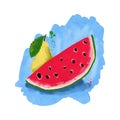 Hand drawn illustration still life of red watermelon yellow pear on blue background. Bright summer fruit composition