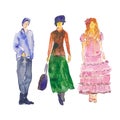 Hand-drawn illustration: stylized people. Watercolor sketches. Three women fashionably dressed