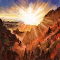 Hand drawn illustration of sunrise in forest wood mountains hills, dawn woodland. Morning scene landscape, oil painting Royalty Free Stock Photo