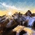 Hand drawn illustration of sunrise in winter snow ice mountains hills, dawn woodland. Morning scene landscape, oil Royalty Free Stock Photo