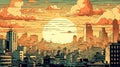 Hand drawn illustration with sunset in the city, generative AI. Royalty Free Stock Photo