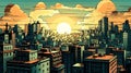 Hand drawn illustration with sunset in the city, generative AI. Royalty Free Stock Photo