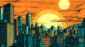 Hand drawn illustration with sunset in the city, generative AI. Royalty Free Stock Photo