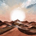 Hand drawn illustration of sunset sunrise in desert sand valley with dune barchan. Night scene landscape, oil painting Royalty Free Stock Photo