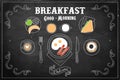 Hand drawn vector illustration of tasty breakfast on black chalkboard. Eggs with sausages, sweet donut, coffee cup Royalty Free Stock Photo