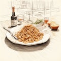 Realistic Dinner Sketch With Spaghetti And Wine Royalty Free Stock Photo