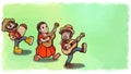 Three people playing instruments in a Festa Junina party. Green watercolor background version.