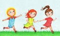 Hand drawn illustration of three kids running and chasing after each other in summer