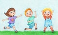 Hand drawn illustration of three kids playing together in summer