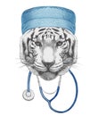 Portrait of Tiger with doctor cap and stethoscope. Hand-drawn illustration.