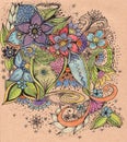 Hand drawn illustration with traditional oriental ornament. Colorful doodles in doodle style.