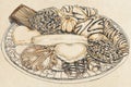 Hand drawn illustration of a tray with pastries, cakes and croissants